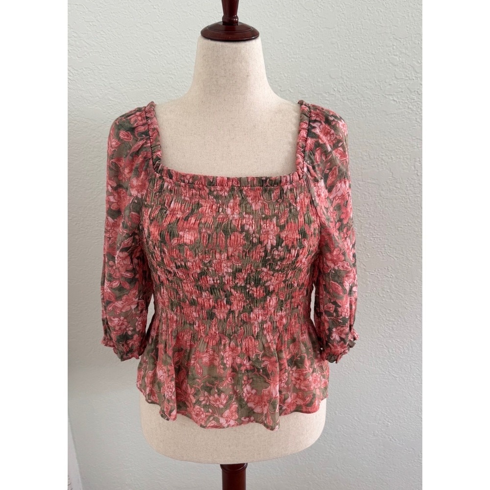 Nanette Lepore Smocked Babydoll Blouse Puffed Sleeves Floral Medium Coquette